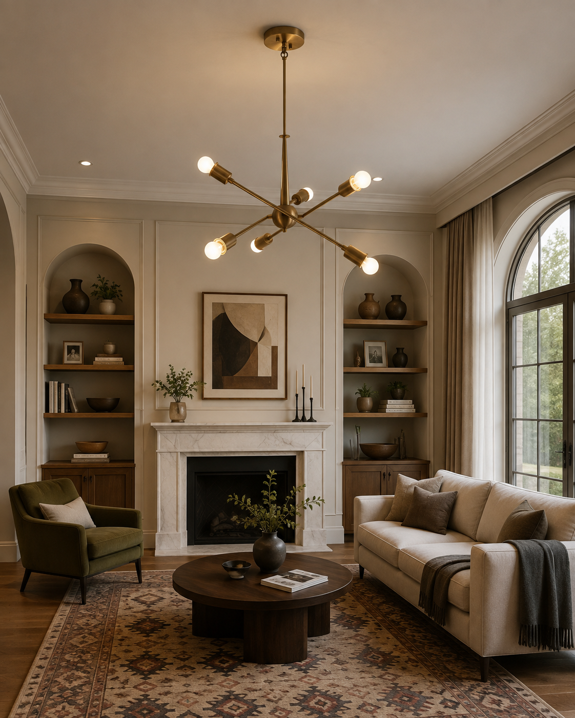 Strasbourg 6 light sculptural brass chandelier illuminating a refined contemporary living room with warm neutral decor.