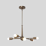 Lower angled view of Strasbourg 6 light chandelier with intersecting brass-tone arms and minimalist exposed globe bulbs.