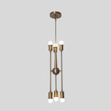 Side view of Strasbourg 6 light antique brass chandelier showing its sculptural multi-arm profile and exposed bulbs.