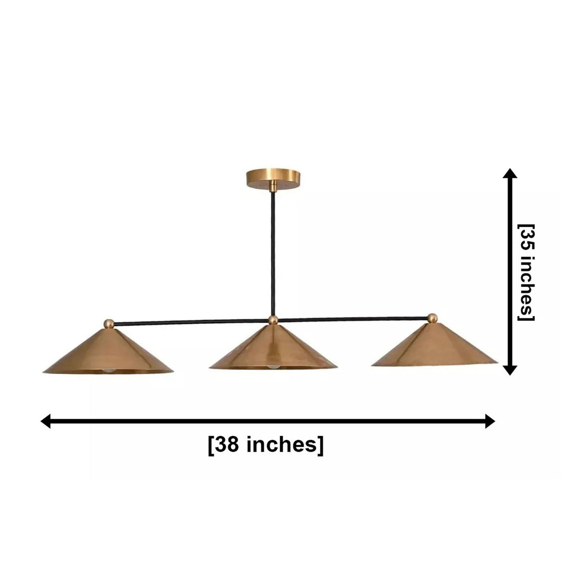 Sutton 3 light linear cone chandelier dimensions showing 38 inch overall width and 35 inch overall height