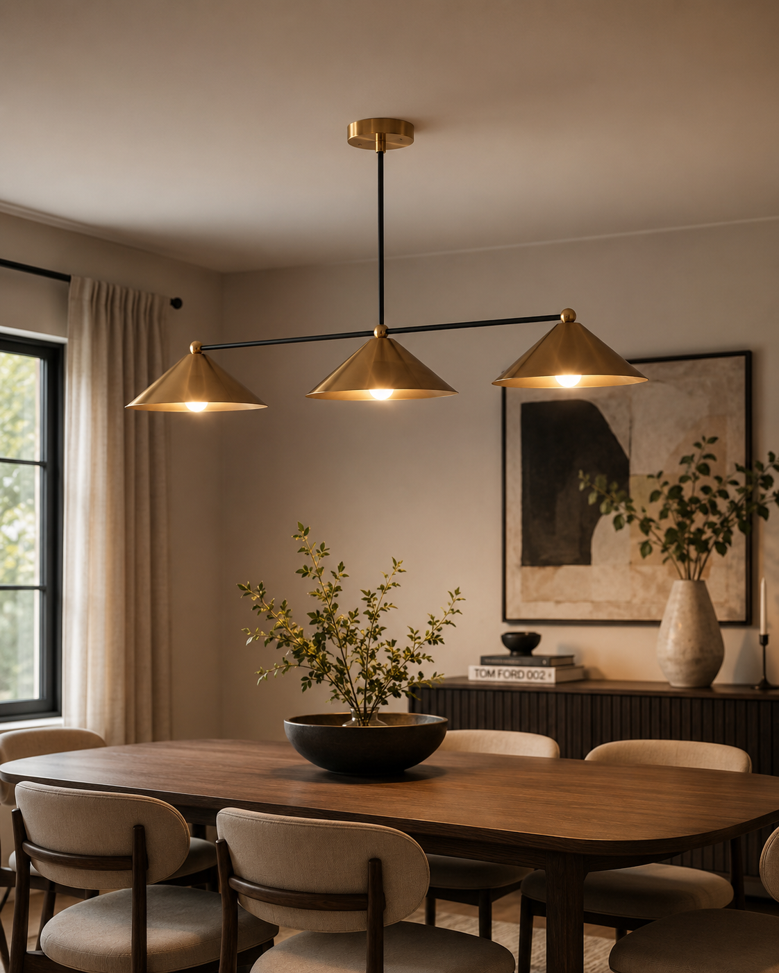 Sutton 3 light linear cone chandelier installed above a dining table in a warm modern dining room