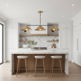 Front view of Sutton 3 light linear chandelier with wide brass cone shades and contrasting dark frame