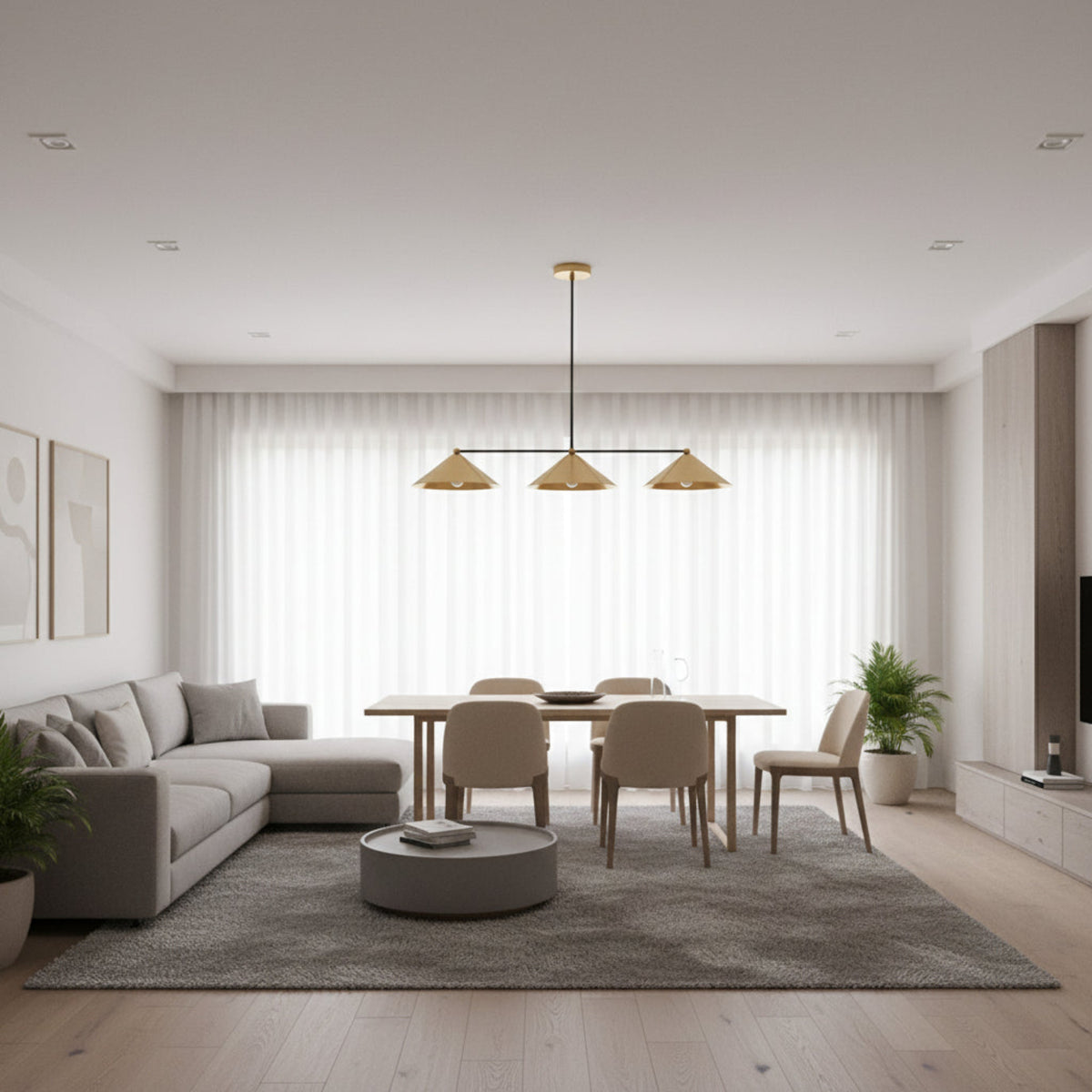 Full product view of Sutton 3 light linear chandelier with brass cone shades, dark frame and round ceiling canopy