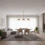 Full product view of Sutton 3 light linear chandelier with brass cone shades, dark frame and round ceiling canopy