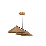 Perspective view of Sutton 3 light linear pendant chandelier featuring broad brass cone shades and round ceiling canopy