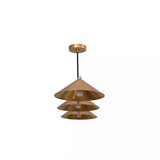 Side view of Sutton 3 light chandelier showing three wide brass cone shades arranged along a linear frame
