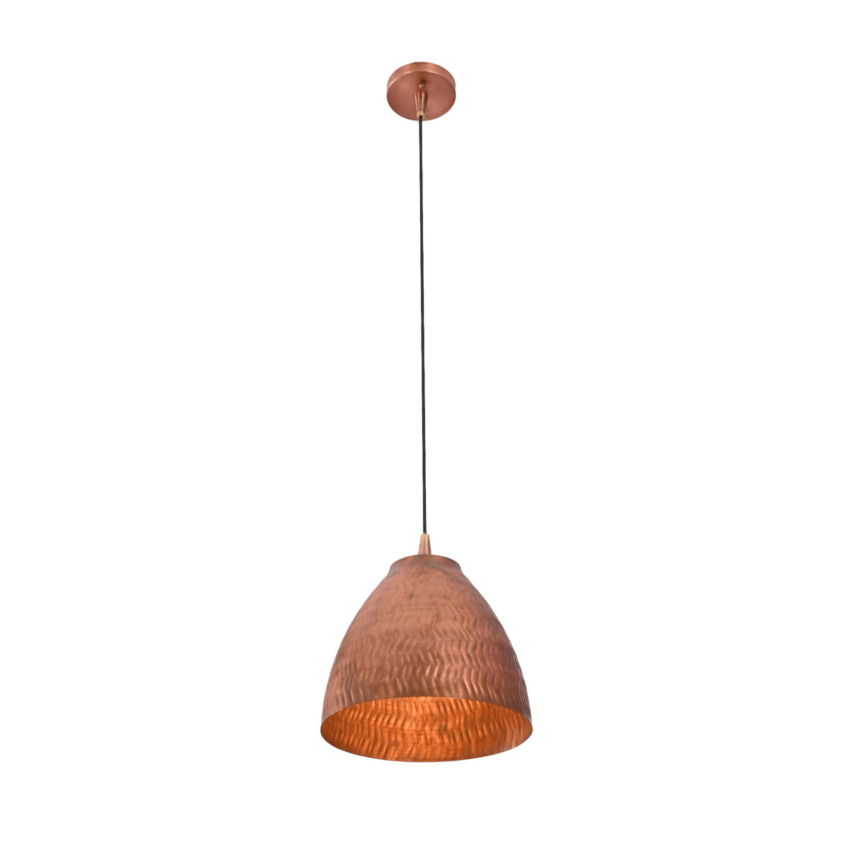 Close-up illuminated view of the Sutton hammered bell pendant showcasing its handcrafted hammered copper texture and warm downward lighting.