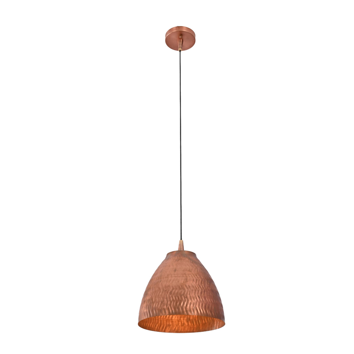 Sutton hammered copper bell pendant light illuminated, highlighting the warm copper interior and textured handcrafted metal finish.