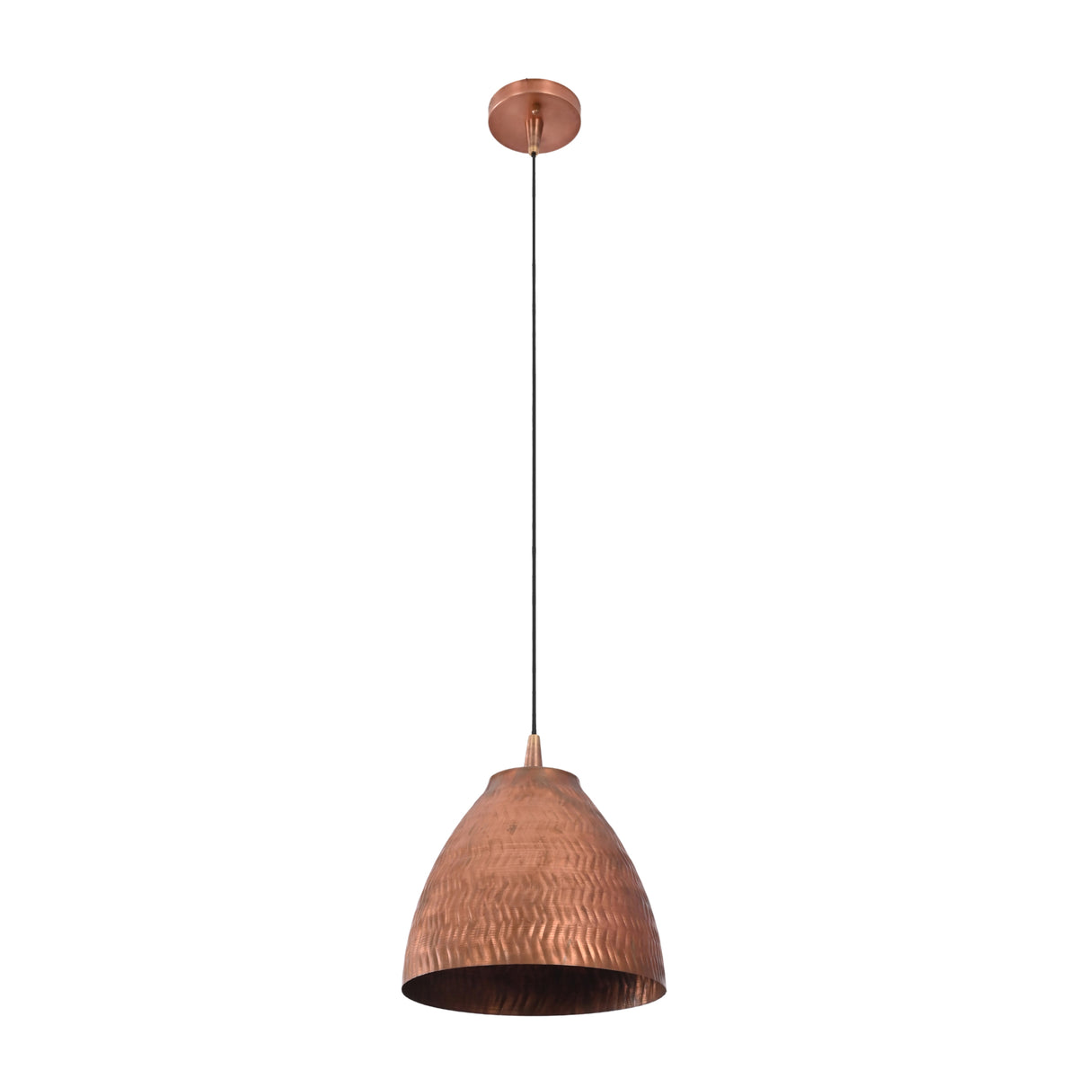 Front view of Sutton hammered bell pendant light featuring a handcrafted hammered copper shade with an adjustable cord suspension.