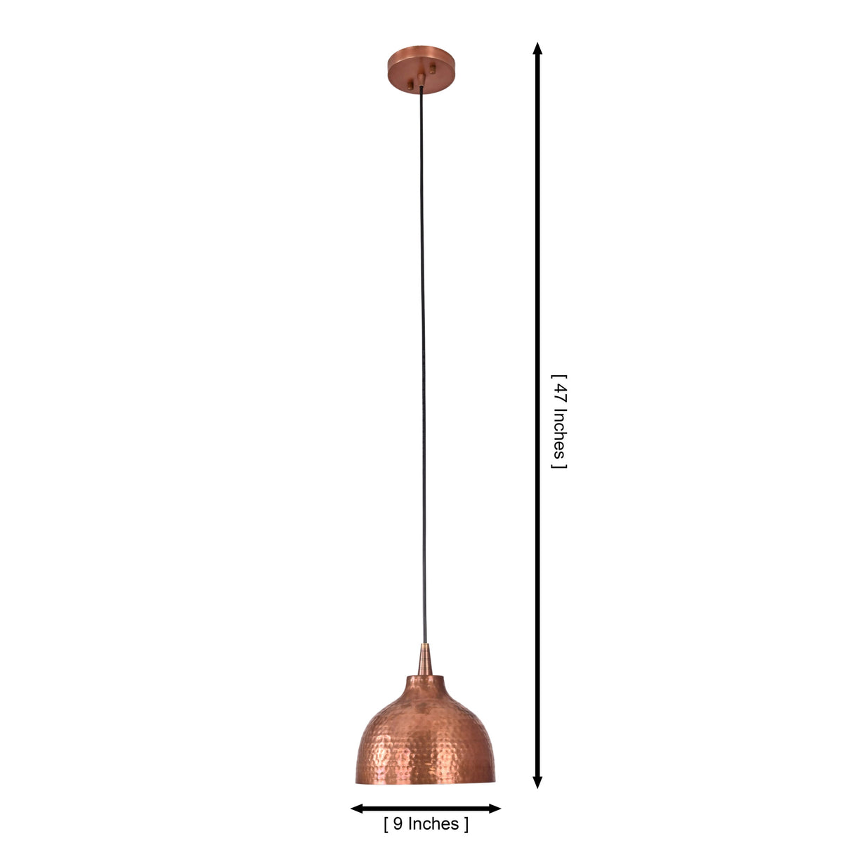 Dimension diagram of Sutton hammered copper mini dome pendant light measuring 9 inches wide with a 47-inch adjustable hanging height.