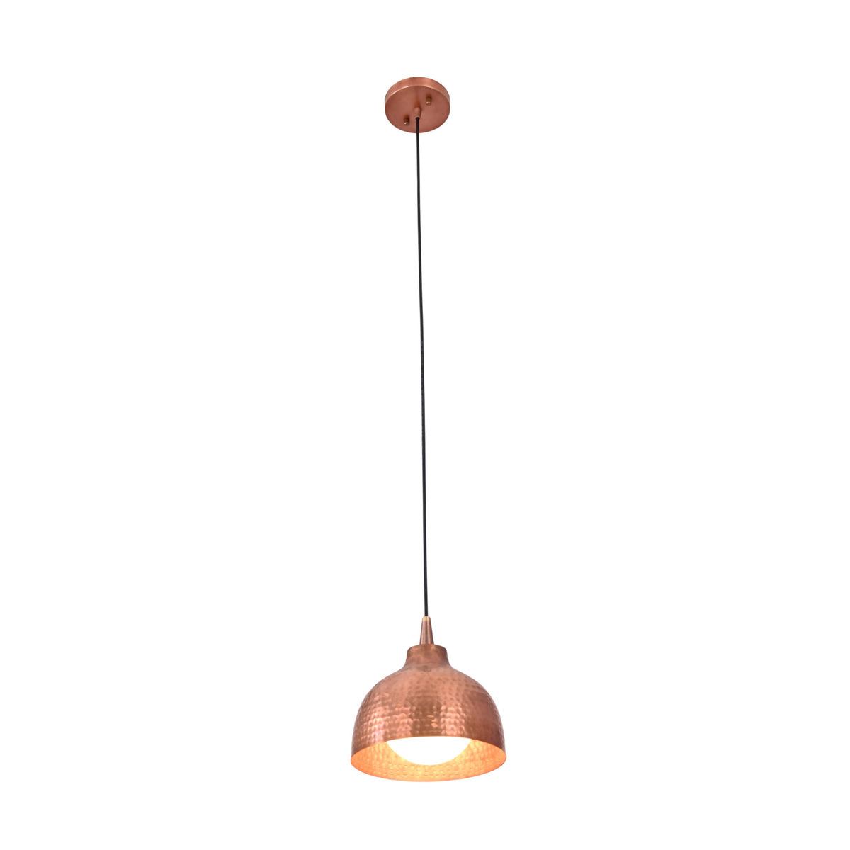 Sutton hammered copper mini dome pendant light illuminated with warm downward lighting and handcrafted hammered dome shade.