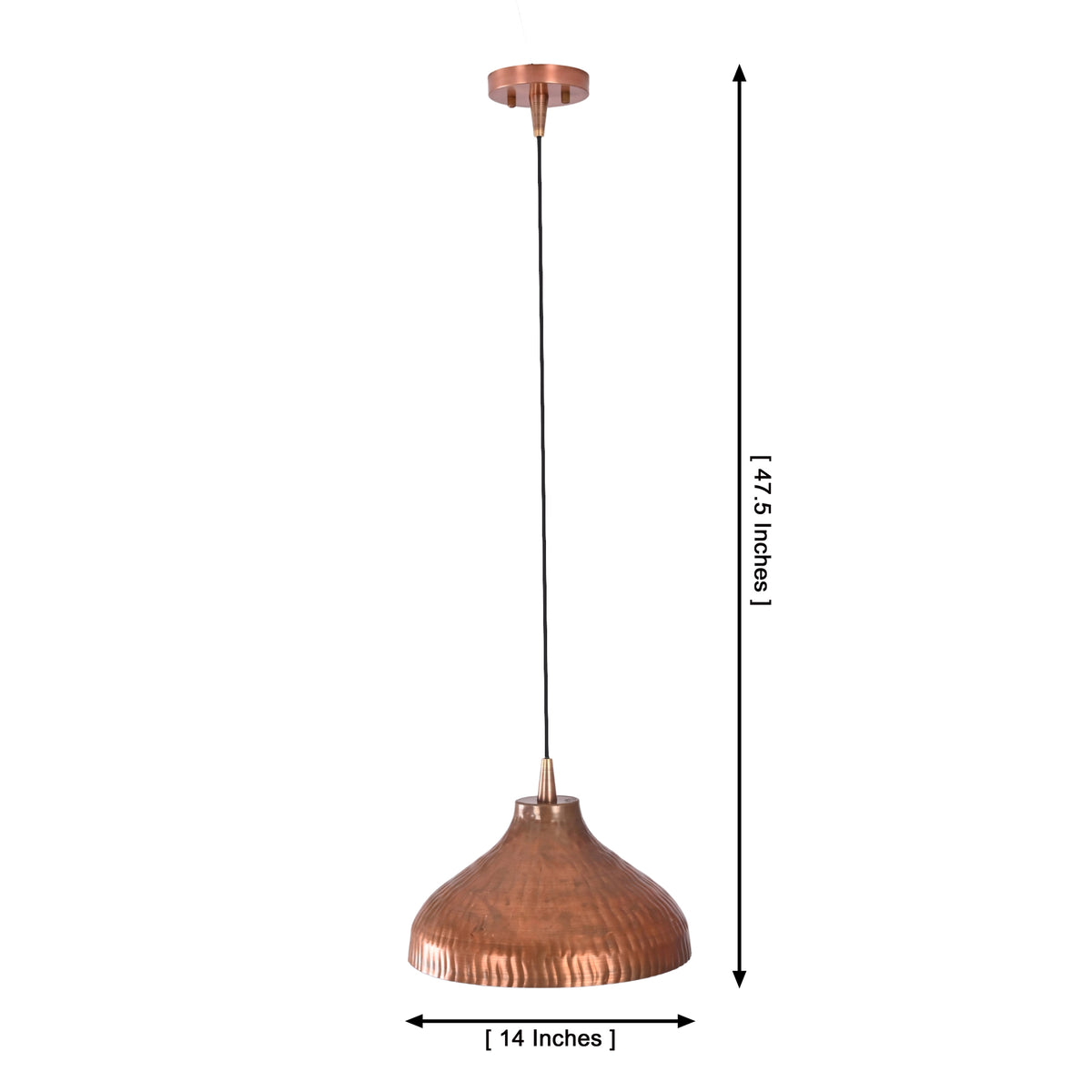 Dimensions of Sutton hammered dome pendant light measuring 14 inches wide with a 47.5-inch overall height.