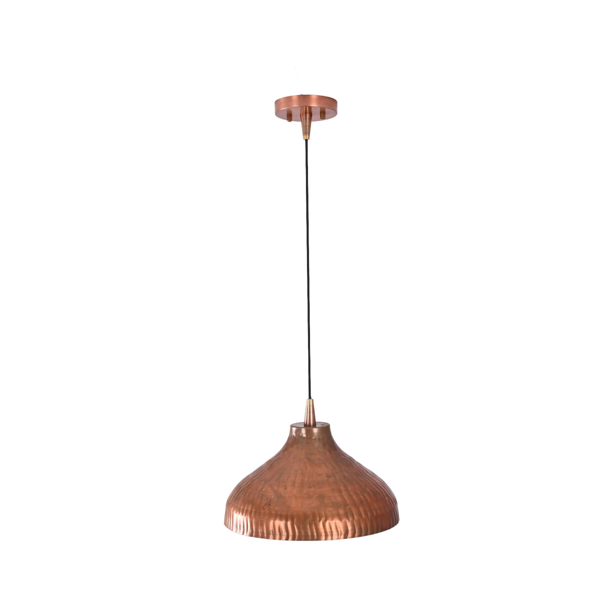 Full-length view of Sutton hammered dome pendant light featuring adjustable cord and handcrafted copper shade.