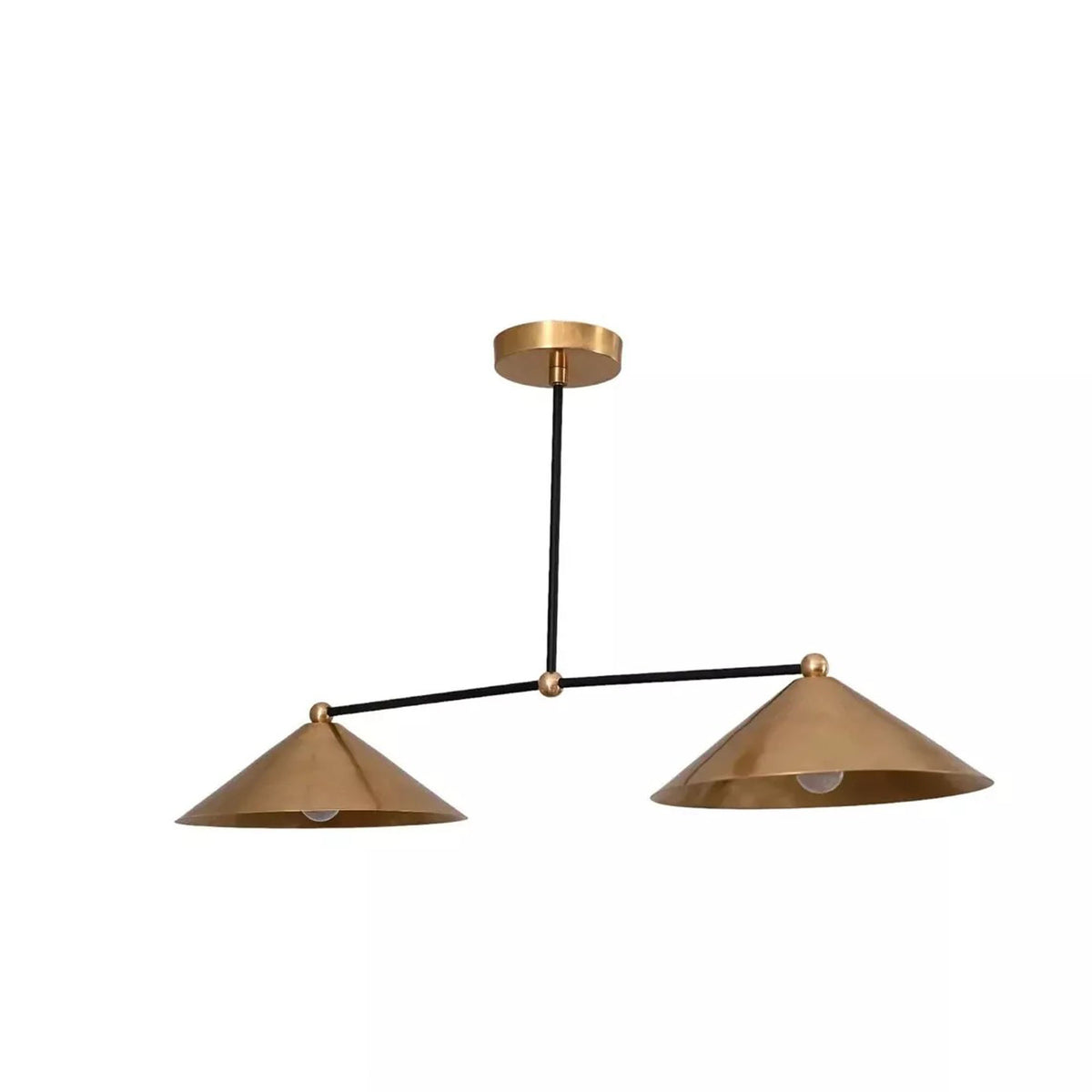 Sutton Mid-Century 2 light linear chandelier with brass cone shades and black frame, alternate angled view