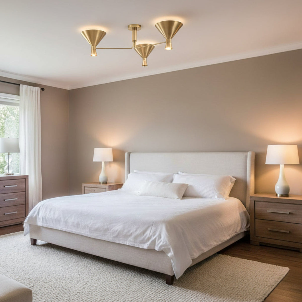 Sutton 3 light brass linear chandelier featuring tapered cone shades and slim extended arms, angled view