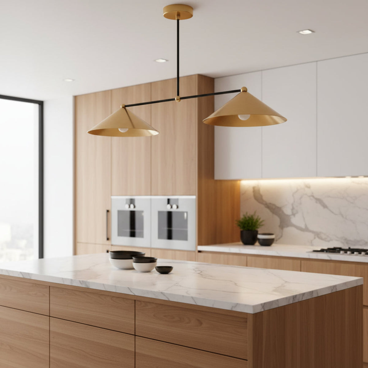 Sutton 2 light brass cone chandelier with black linear frame shown from an angled perspective