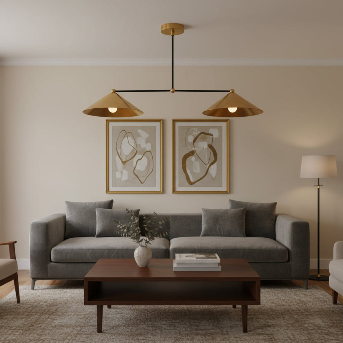 Sutton 2 light linear chandelier with wide brass cone shades and contrasting black frame, front view