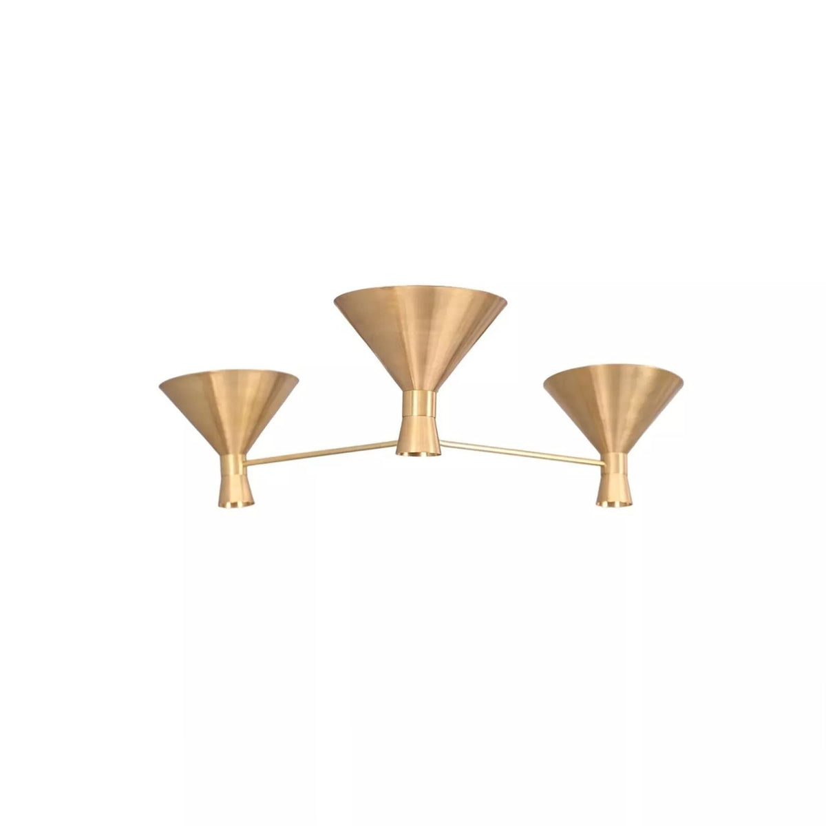 Sutton 3 light linear cone chandelier in warm brass finish with tapered metal shades, front view