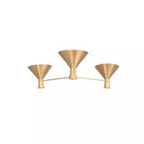 Sutton 3 light linear cone chandelier in warm brass finish with tapered metal shades, front view