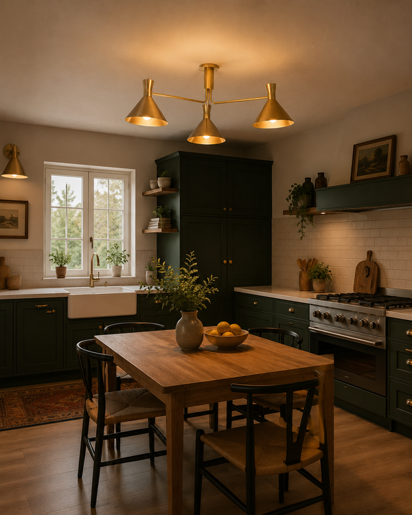 Sutton 3 light brass linear cone chandelier installed above a dining table in a warm modern kitchen interior