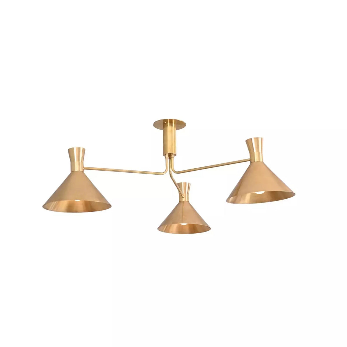 Sutton 3 light Mid-Century Modern brass cone chandelier, right angled view