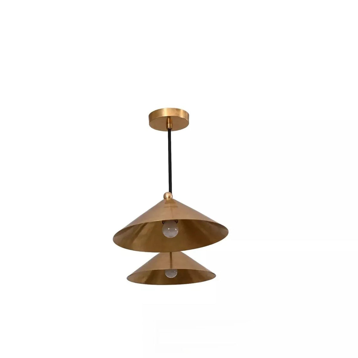 Sutton 2 light linear cone chandelier with brass shades and black suspension rod, side view