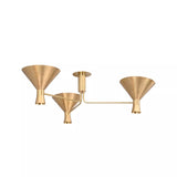 Sutton linear brass ceiling chandelier with three geometric cone shades, side view