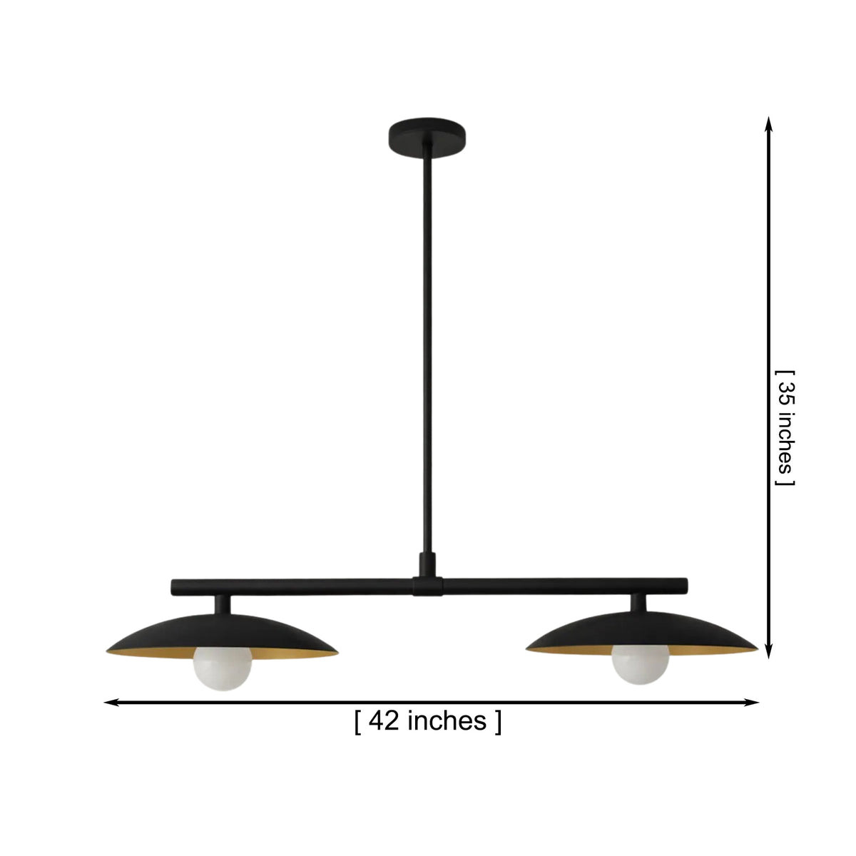 Dimension view of the Sutton 42-inch linear pendant chandelier featuring dual dome metal shades, a matte black finish, adjustable downrod, and 35-inch overall height.