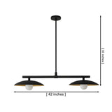Dimension view of the Sutton 42-inch linear pendant chandelier featuring dual dome metal shades, a matte black finish, adjustable downrod, and 35-inch overall height.