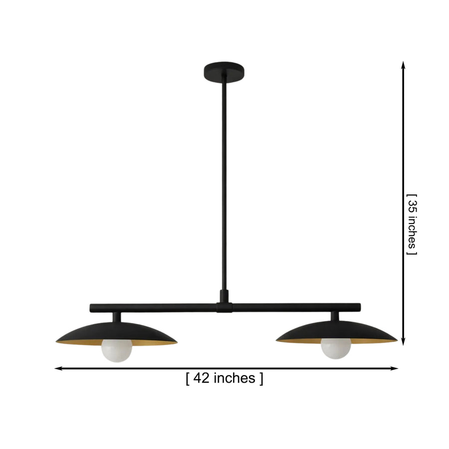 Sutton 2-light linear dome pendant chandelier installed above a modern dining table, providing warm ambient lighting in a contemporary breakfast nook.