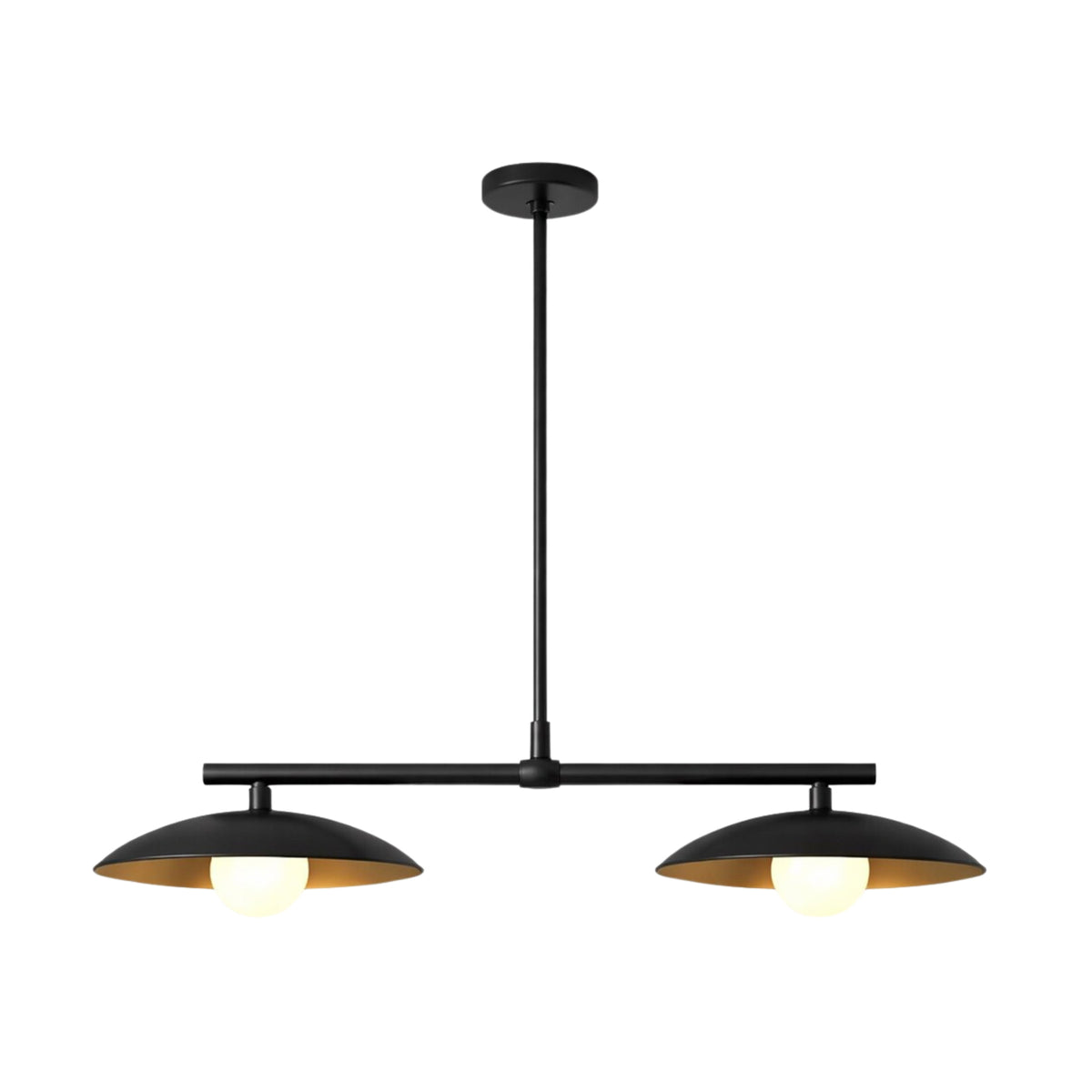 Front view of the Sutton 2-light linear pendant chandelier with dual dome metal shades, matte black finish, warm metallic interiors, and adjustable downrod.