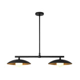 Front view of the Sutton 2-light linear pendant chandelier with dual dome metal shades, matte black finish, warm metallic interiors, and adjustable downrod.