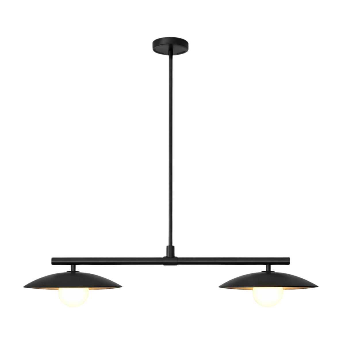 Illuminated view of the Sutton 42-inch linear pendant chandelier showcasing dual dome shades with warm downward lighting and a minimalist modern design.