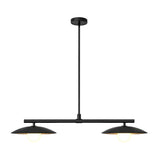 Illuminated view of the Sutton 42-inch linear pendant chandelier showcasing dual dome shades with warm downward lighting and a minimalist modern design.
