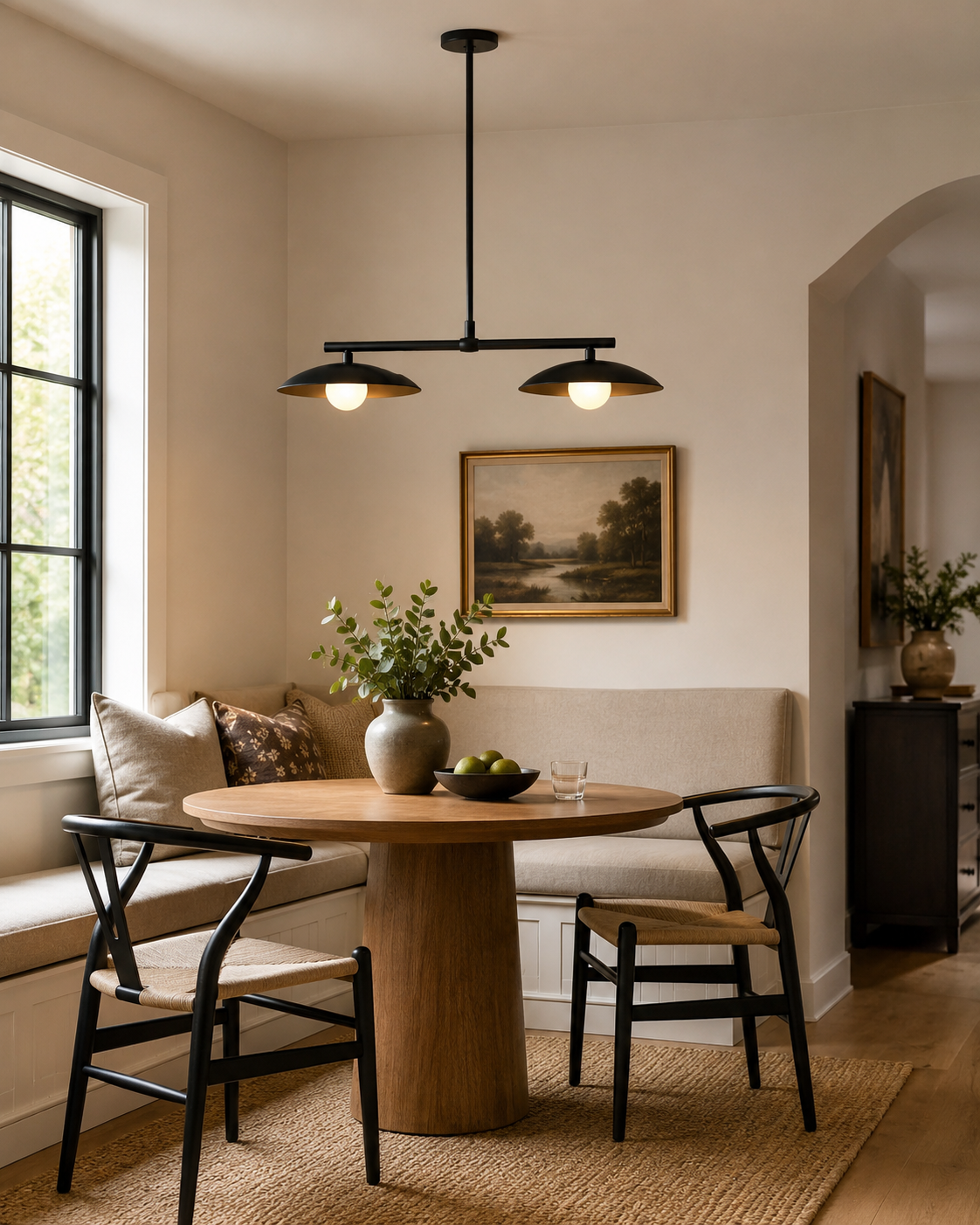 Sutton 2-light linear dome pendant chandelier installed above a modern dining table, providing warm ambient lighting in a contemporary breakfast nook.