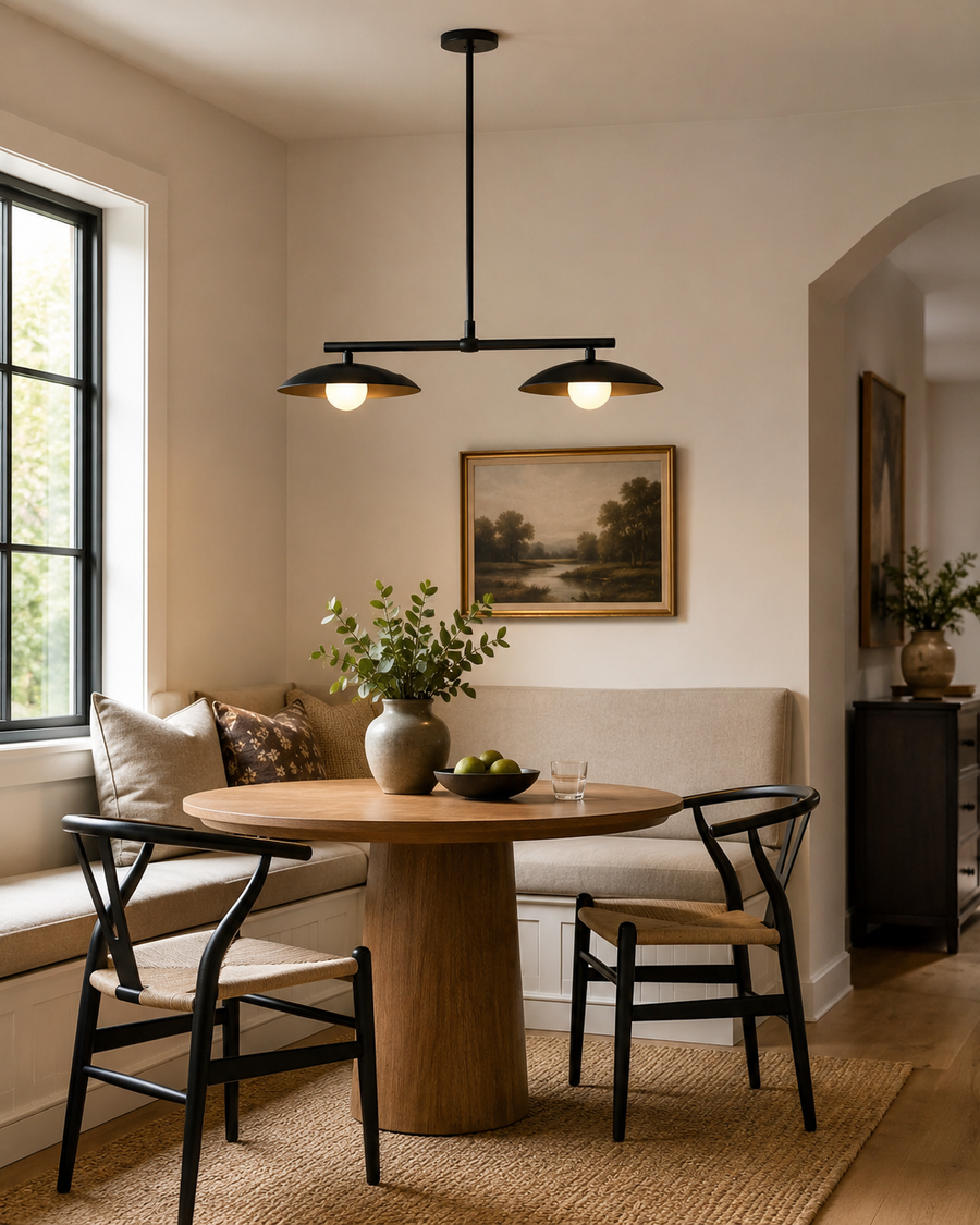 Sutton 2-light linear dome pendant chandelier installed above a modern dining table, providing warm ambient lighting in a contemporary breakfast nook.