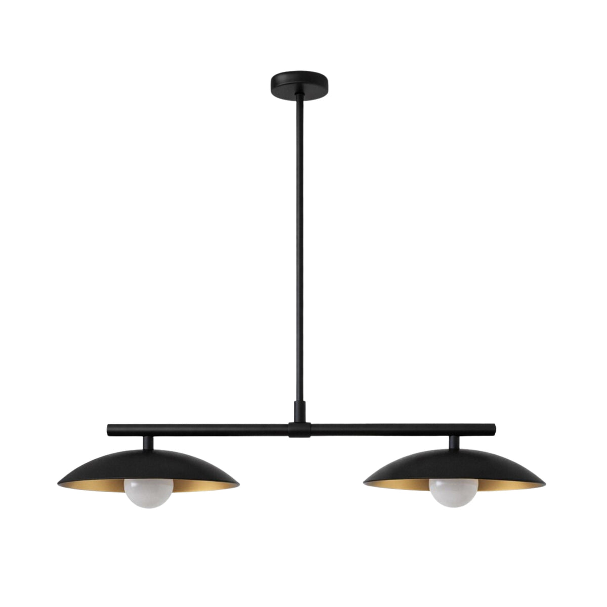 Unlit front view of the Sutton linear pendant chandelier featuring two wide dome shades, exposed globe bulbs, and a clean modern silhouette.