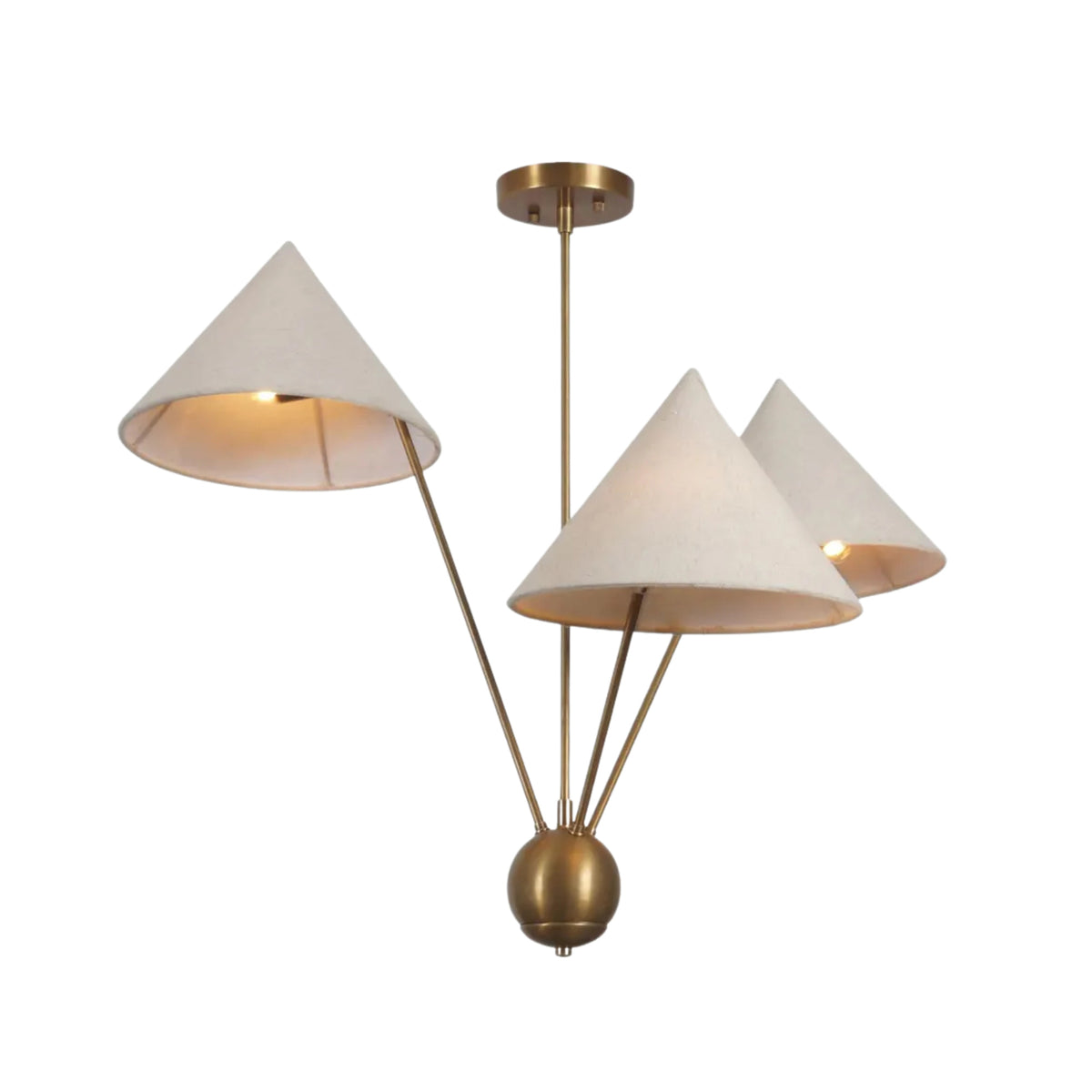 Alternate angle of Sutton contemporary chandelier highlighting the sculptural arrangement of three cone fabric shades and brass framework.
