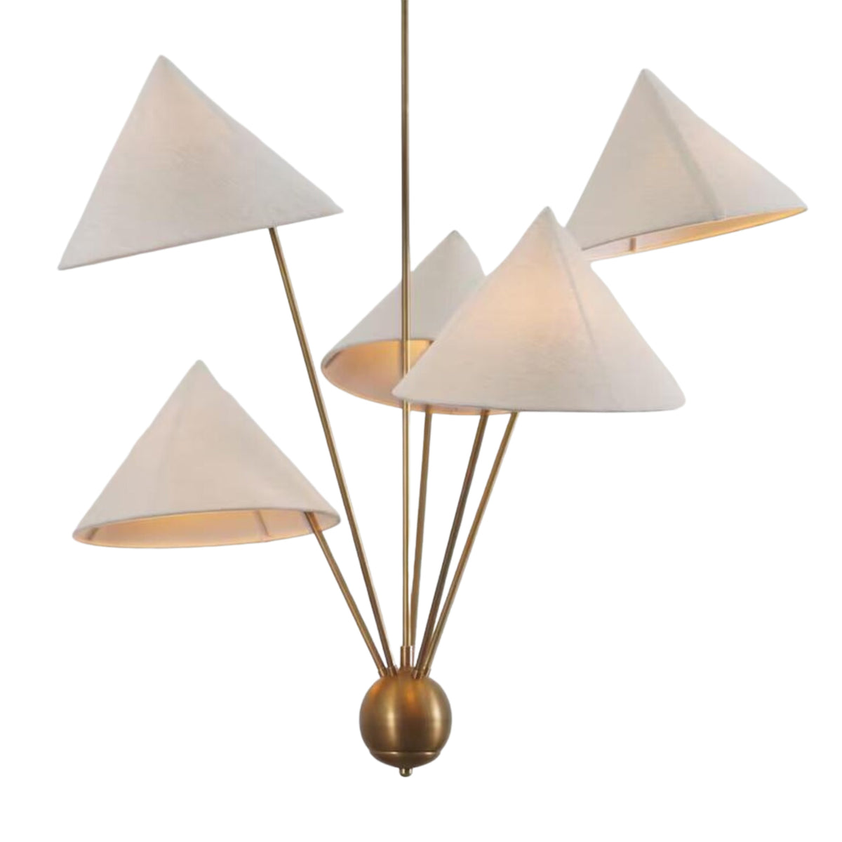Close-up view of the Sutton Modern chandelier showcasing illuminated white cone fabric shades and elegant brushed brass arms.