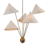 Close-up view of the Sutton Modern chandelier showcasing illuminated white cone fabric shades and elegant brushed brass arms.