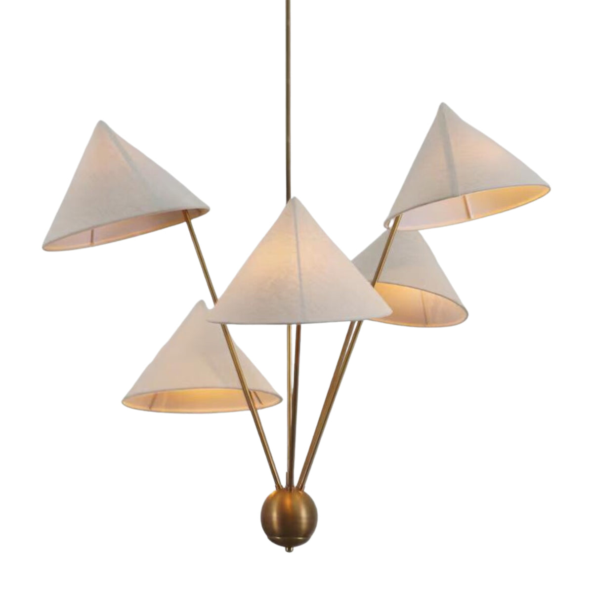 ront view of the Sutton Modern five-light chandelier with white cone fabric shades, warm illumination, and a brushed brass frame.