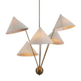 ront view of the Sutton Modern five-light chandelier with white cone fabric shades, warm illumination, and a brushed brass frame.