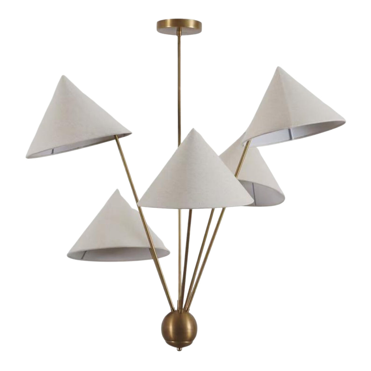 Front view of the Sutton Modern five-light chandelier featuring white cone fabric shades and a brushed brass frame without illumination.
