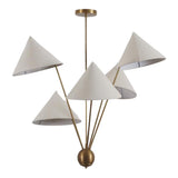 Front view of the Sutton Modern five-light chandelier featuring white cone fabric shades and a brushed brass frame without illumination.