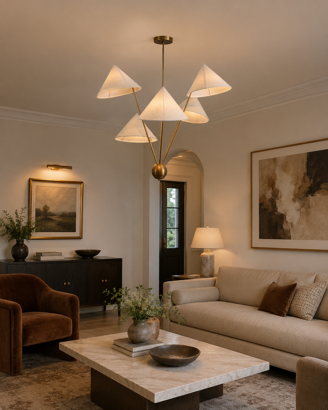 Sutton Modern five-light cone chandelier installed in a contemporary living room, providing warm ambient illumination with white fabric shades and a brushed brass frame.