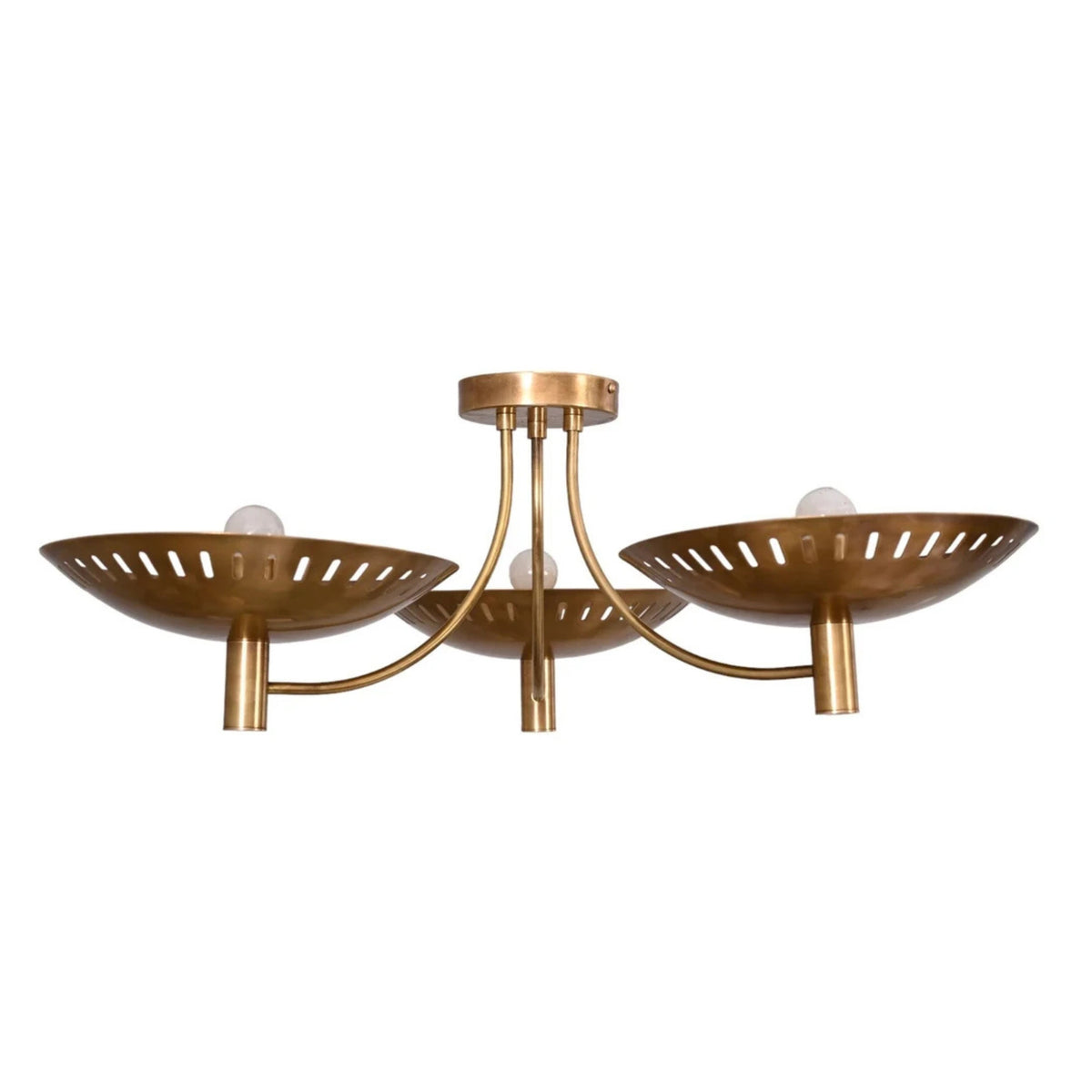Alternate front view of Sutton 3-light brass chandelier with wide perforated bowl shades