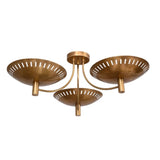 Angled view of Sutton 3-light brass chandelier with perforated bowl shades and curved arms