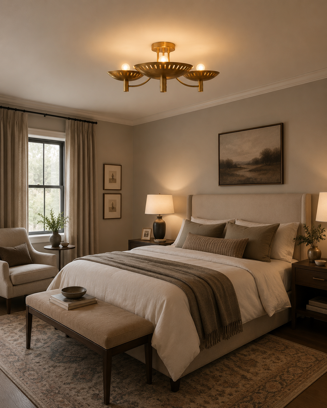 Sutton 3-light perforated brass bowl chandelier installed in a warm modern bedroom interior