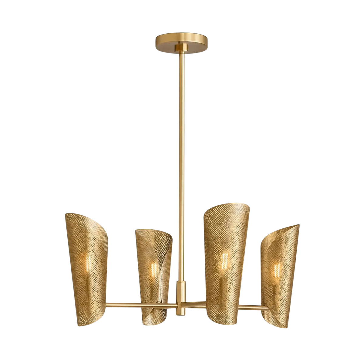 Angled view of the Sutton four-light perforated wrap linear chandelier showcasing sculptural curved metal shades and a brass frame.