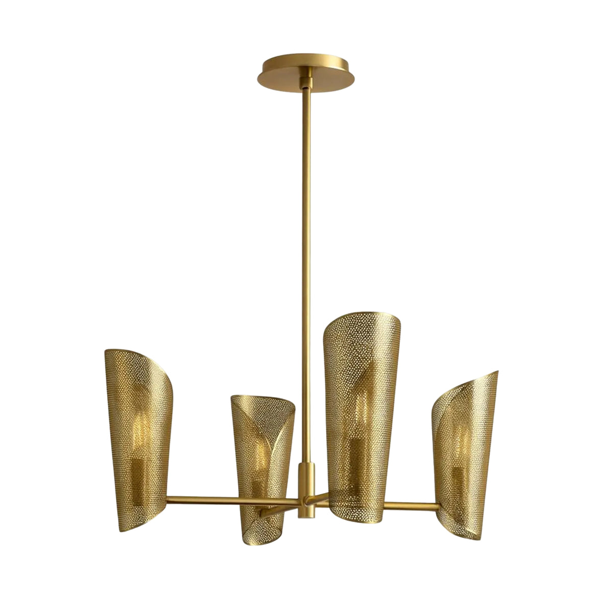 Front view of the Sutton perforated wrap linear chandelier featuring four handcrafted perforated metal shades with a warm brass finish.